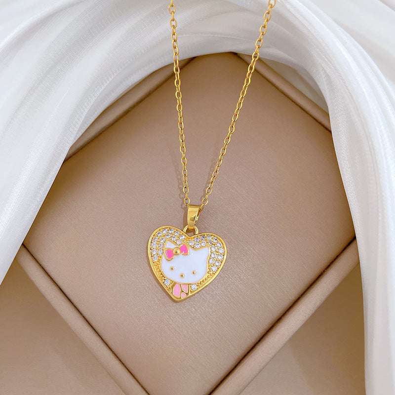 Sweet Heart Cat Drip Oil Rhinestone Pendant Necklace Titanium Steel Cable Chain