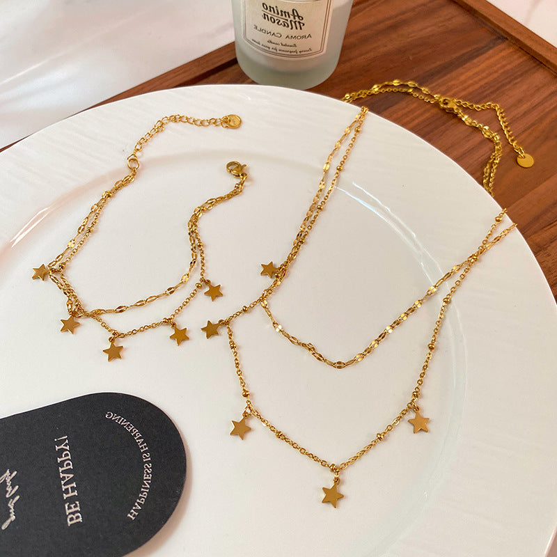 Vintage Gold Plated Titanium Steel Star Necklace Bracelet Set