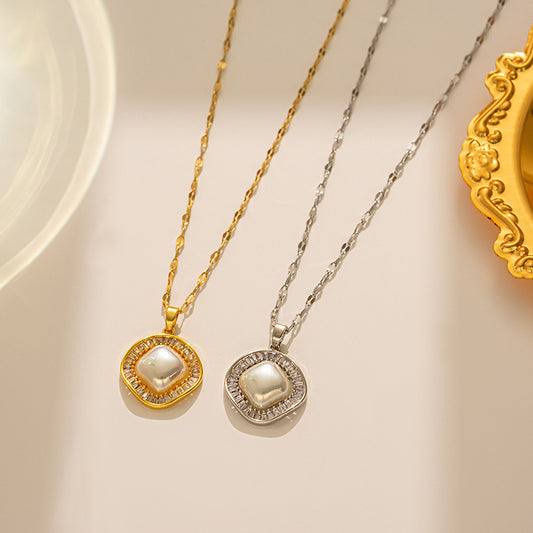 Light Luxury 18K Gold Plated Square Titanium Steel Necklace with Colorful Zircon for Women