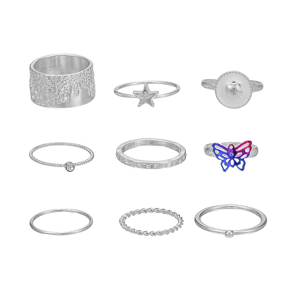Sweet Silver Plated Alloy Butterfly Star Shell Rhinestone Crystal Geometric Ring Set
