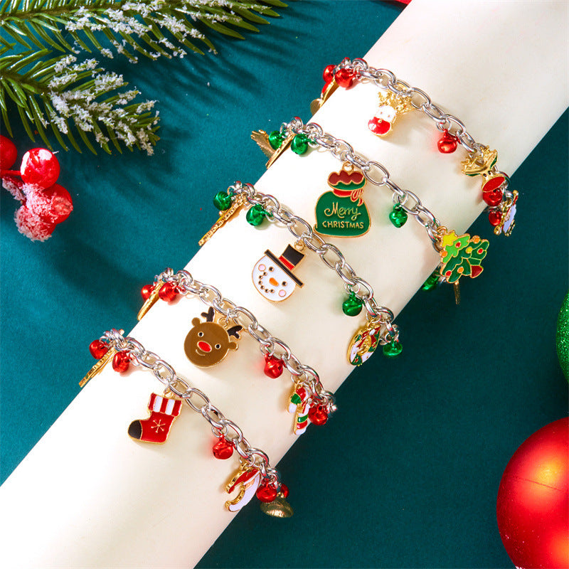 Christmas-Themed Charm Bracelet with Santa, Reindeer, Snowflake, and Bell Charms in Gold and Silver Plated Alloy for Unisex Wear