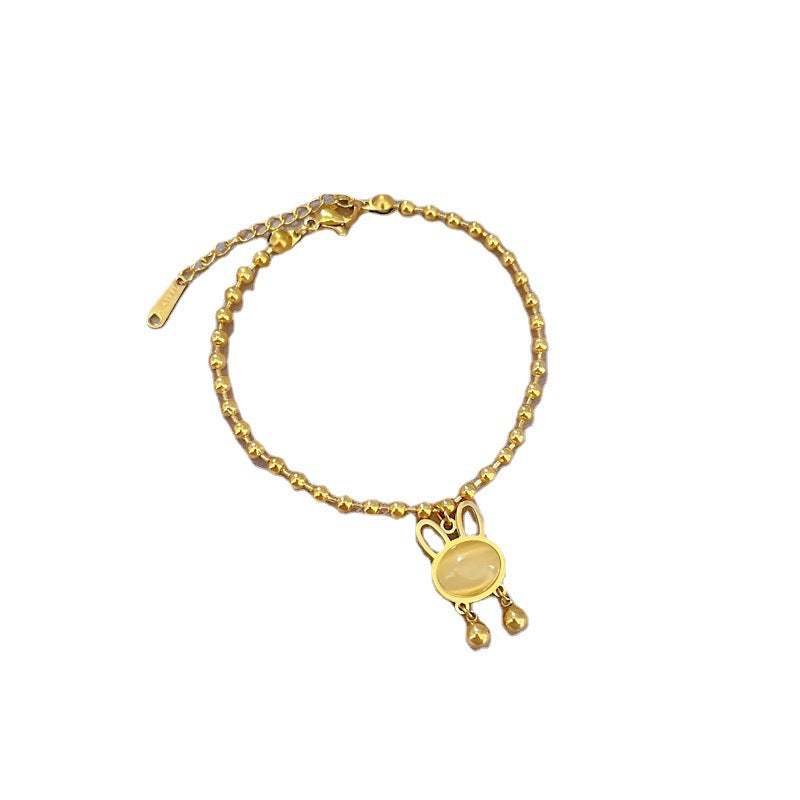 Minimalist Rabbit-Shaped Titanium Steel Bracelet with Gold Inlay and Wavy Texture for Women