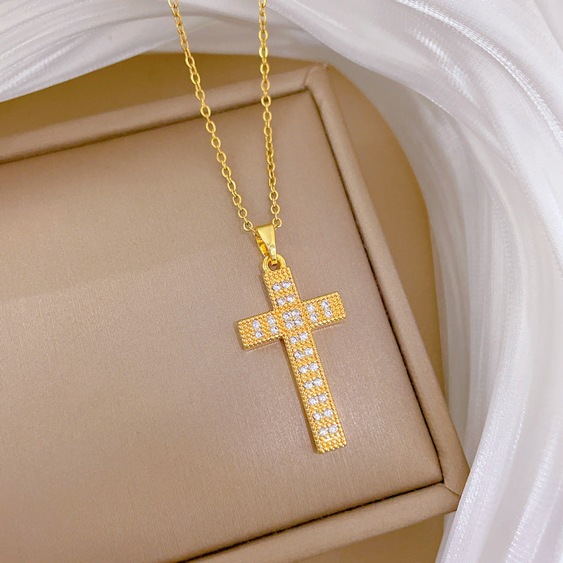 Sweet Luxury Cross Cubic Zirconia Titanium Steel Necklace for Unisex
