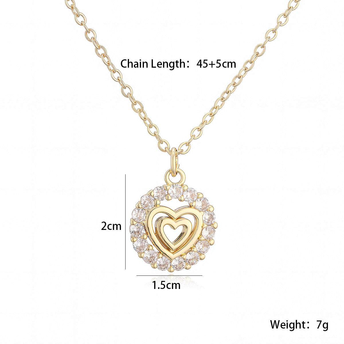 Minimalist Elegant Gold Plated Brass Heart Moon Geometric Pendant Necklace with Cubic Zirconia for Women