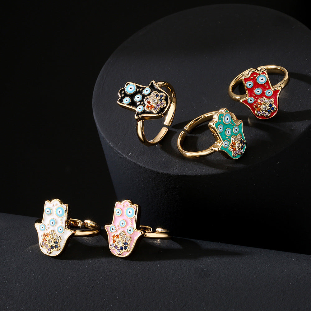 Ins Style Geometric Shaped Copper Ring with Gold Plating and Enamel Evil Eye and Hamsa Hand Design
