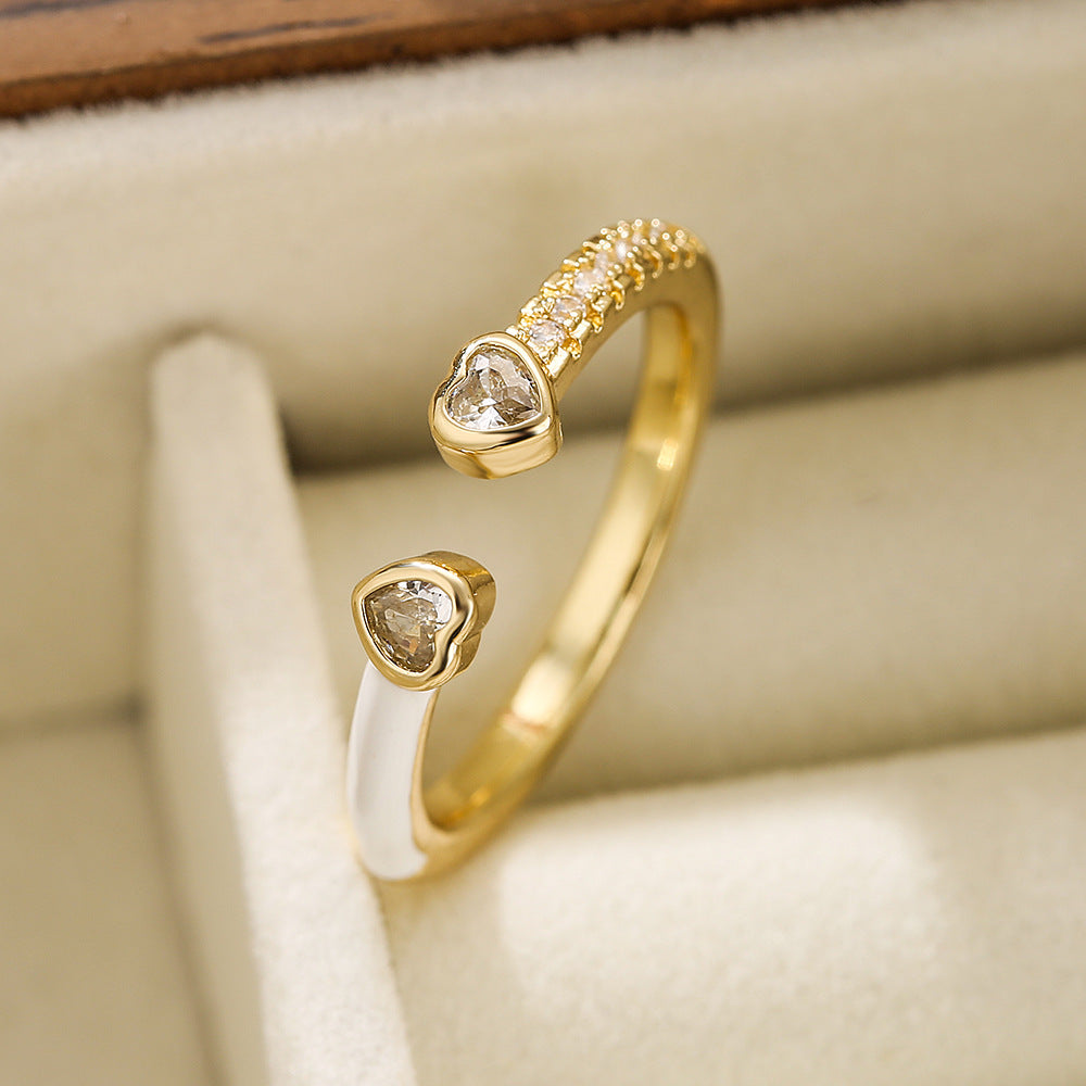Anello Aperto Geometrico Minimalista da Donna in Ottone con Placcatura in Oro Vero e Finitura Smaltata con Intarsio in Zirconia Cubica