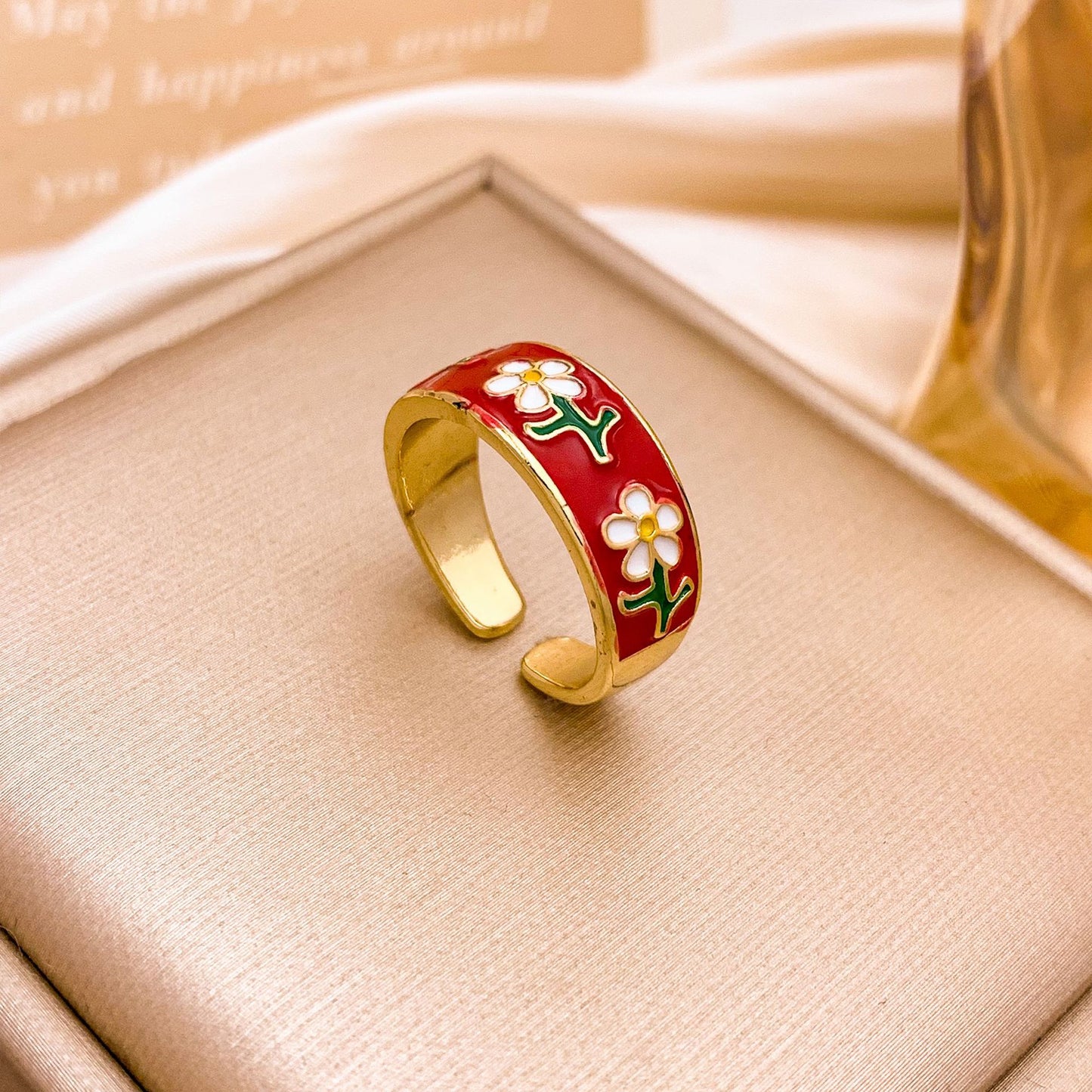 Sweet Minimalist Gold Plated Alloy Ring with Star Moon and Floral Design for Women