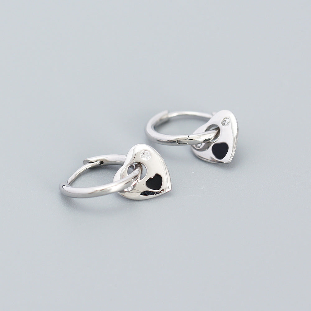 Minimalist Heart-Shaped 925 Sterling Silver Rhinestone Stud Earrings with Enamel Finish