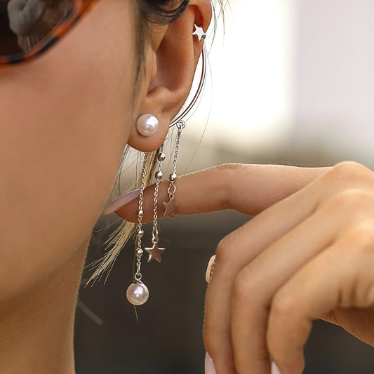 Ins Style Geometric Star-Shaped Electroplated Metal Ear Cuffs for Women with Imitation Pearl and Tassel Accents