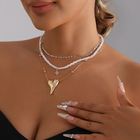 Elegant Geometric Heart Star Alloy Necklace with Imitation Pearl Plated Finish Layered Cable Chain for Women