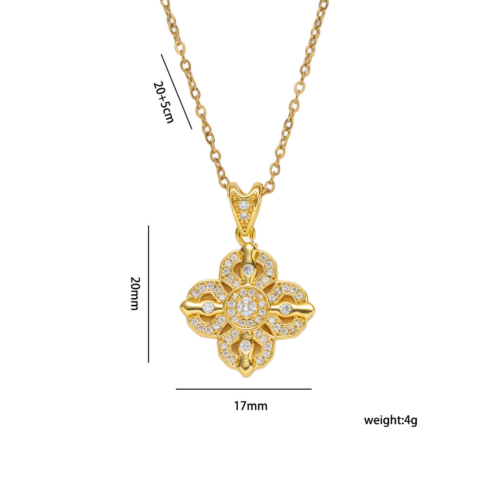 Luxury Minimalist Rhombus Cross Pendant Necklace for Women in Titanium Steel with Gold Plating and Zircon Inlay