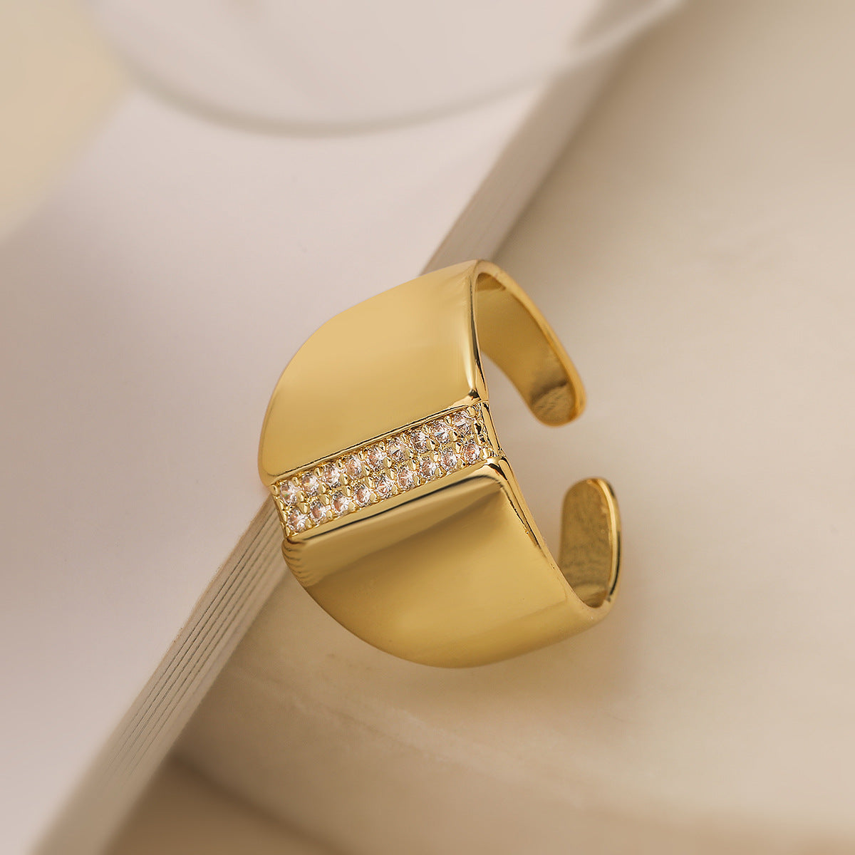 Minimalist Geometric Open-Ended Ring for Women Made of Brass with 18K Gold Plating and Zircon Inlay