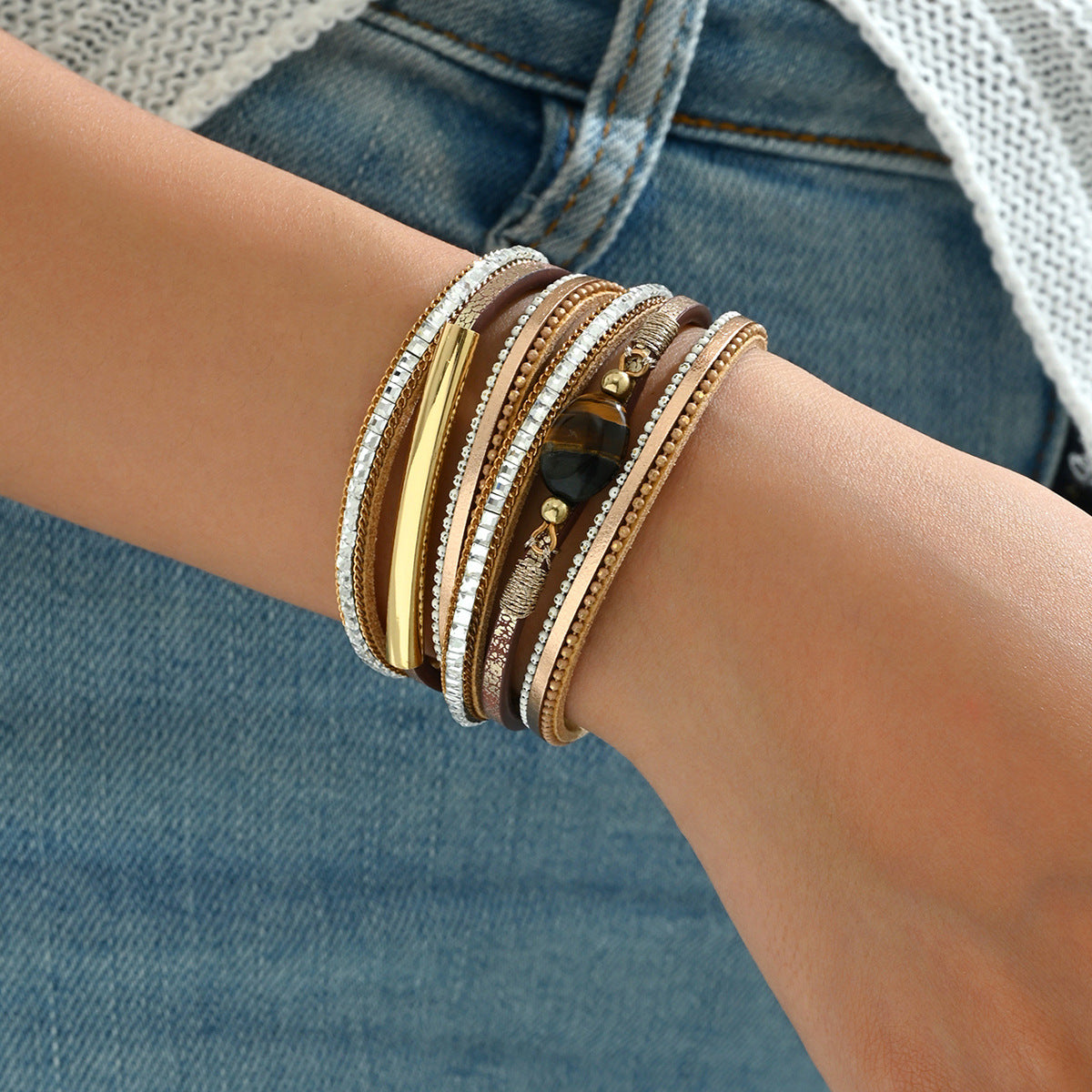 Pulsera de Cuero Geométrica Minimalista de Lujo para Mujer con Incrustaciones de Pedrería, Brazalete Apilable de Múltiples Capas