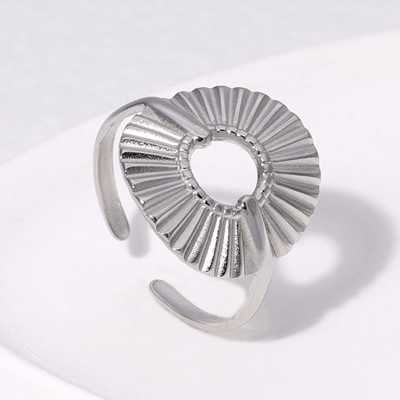 Anello Aperto da Donna in Acciaio Inossidabile con Motivo Geometrico Increspato, Stile Ins, Placcato Oro 18K