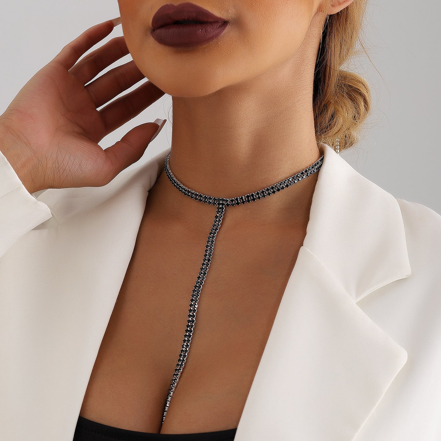 Geometric T-Shaped Black Rhinestone Double Layer Clavicle Necklace for Women with Plated Metal Chain