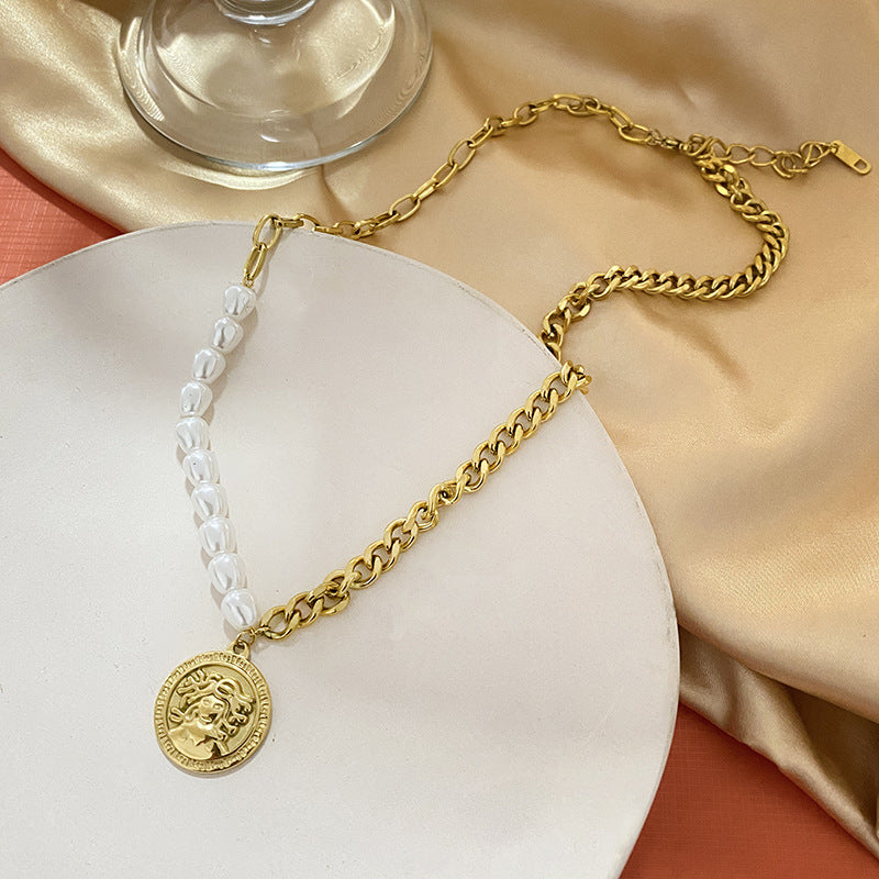 Baroque Geometric Gold Plated Titanium Steel Necklace with Pearl Beads for Unisex