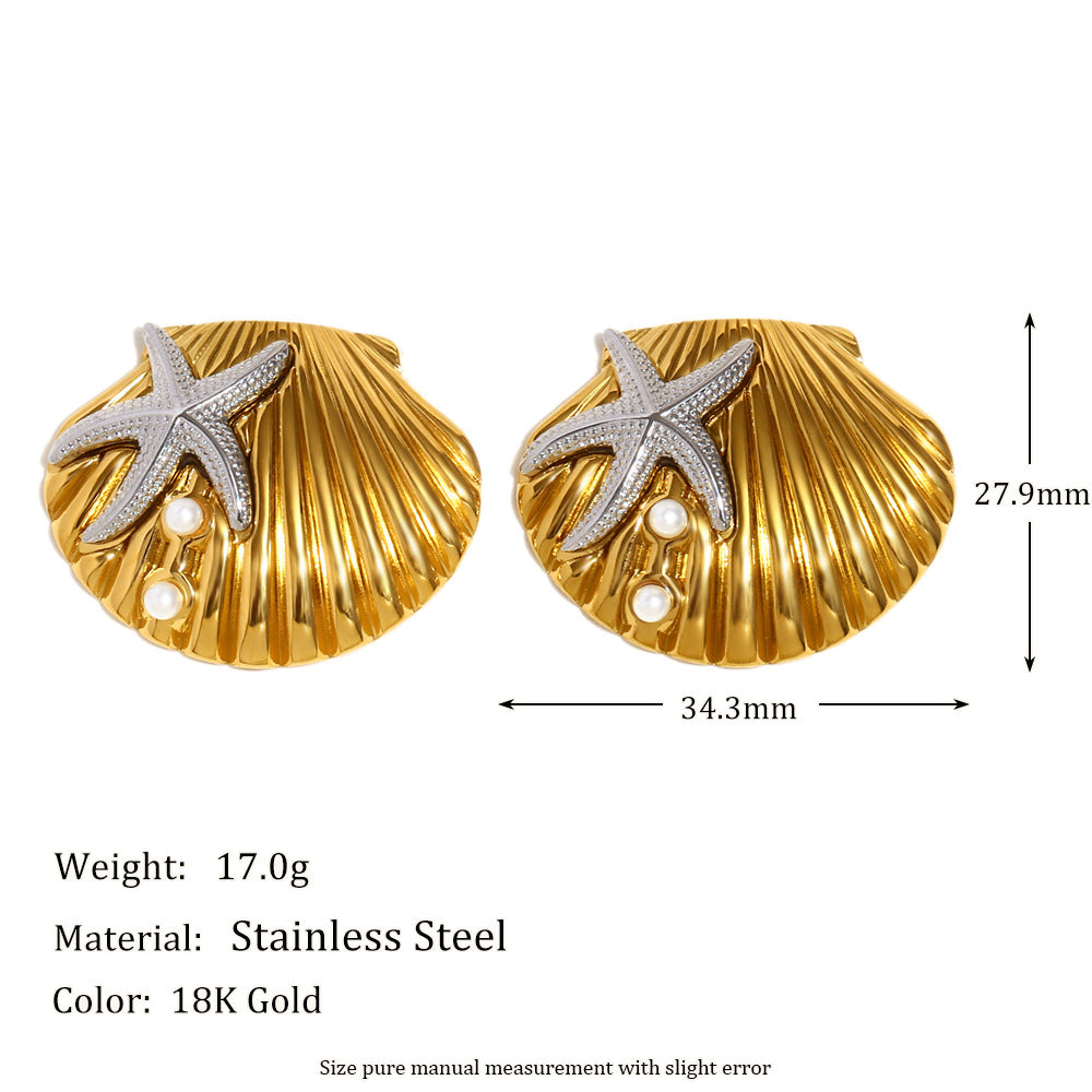 Minimalist Starfish and Scallop Shell Earrings in Stainless Steel with 18K Gold Plating for Women