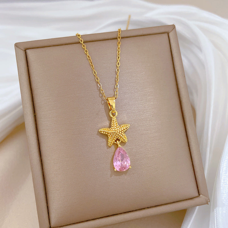 Sweet Minimalist Teardrop Star Rhinestone Titanium Steel Necklace for Unisex