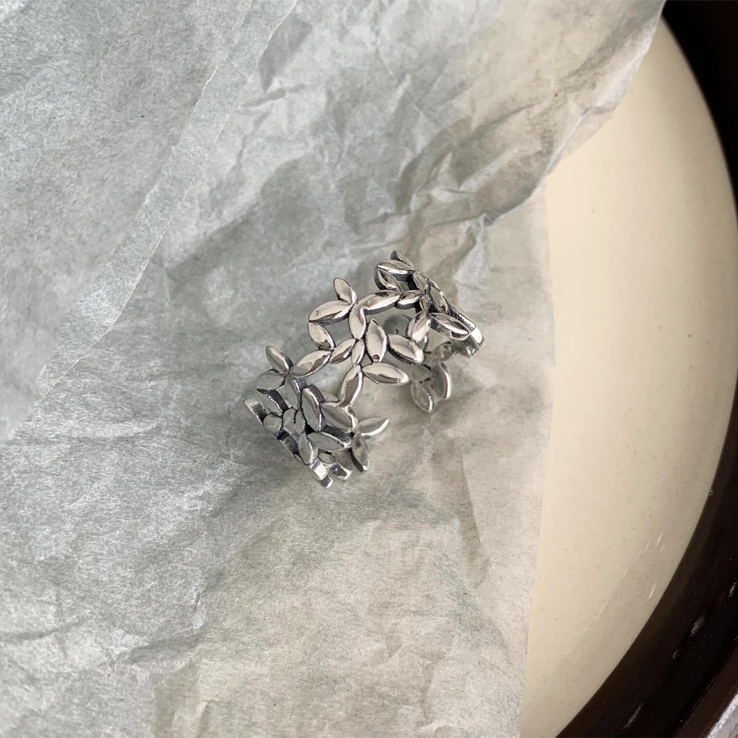S925 Sterling Silver Leaf Ring Floral Vintage Minimalist Retro Open Band Ring for Women