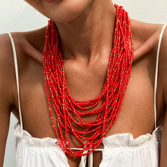 Bohemian Geometric Beaded Necklace for Women with Handmade Multi-Layered Strand Design and Pearl Beads