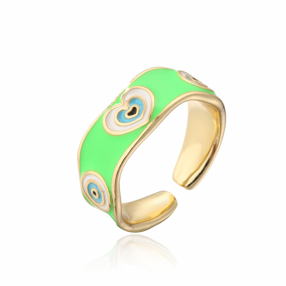 Minimalist Geometric Copper Ring with 18K Gold Plating and Enamel Heart-Eye Pattern