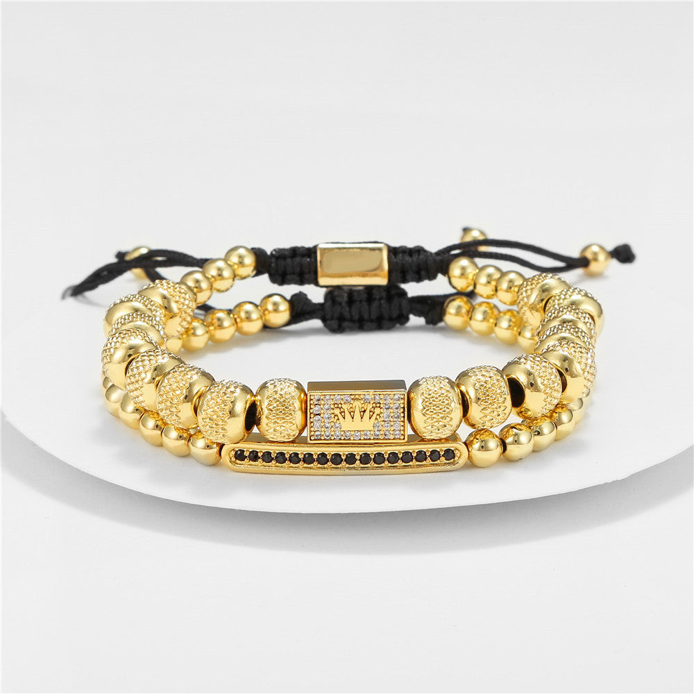 Vintage Punk Geometric Plated Titanium Steel Bracelet Set with Crown and Roman Letter Elements for Men and Women