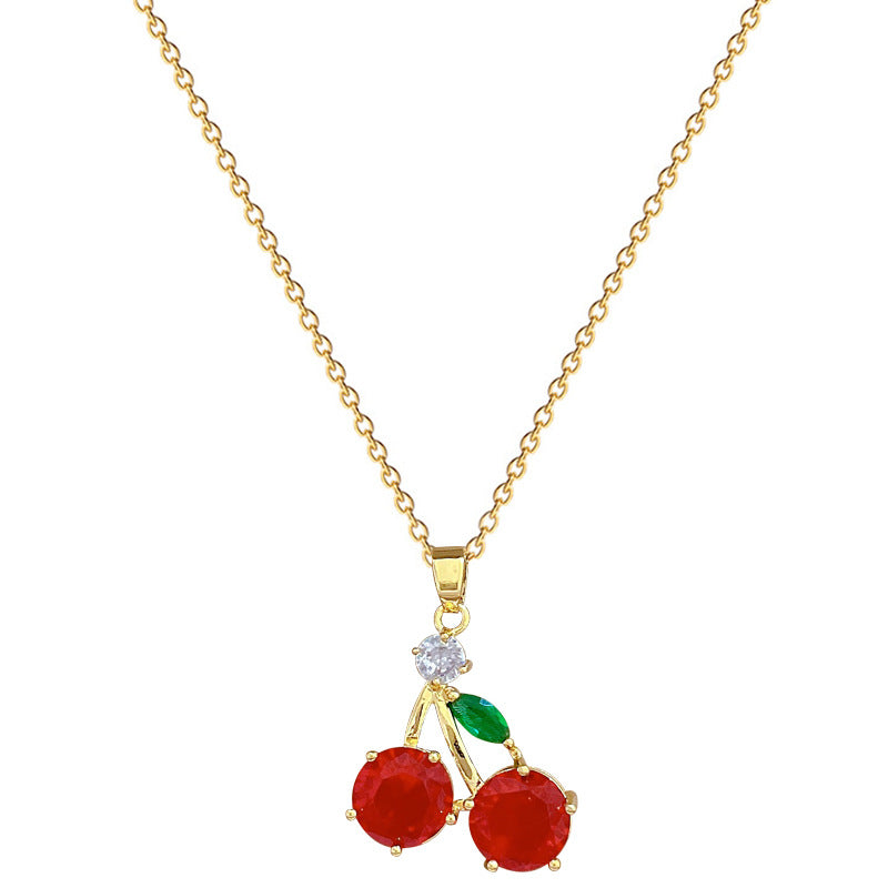 Cartoon Style Cherry-Shaped Stainless Steel Necklace with Rhinestone Inlay for Women and Men, Delicate Clavicle Chain