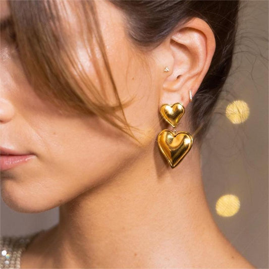 Orecchini da donna alla moda con doppio cuore in acciaio inossidabile placcato oro 18 carati stile Ins
