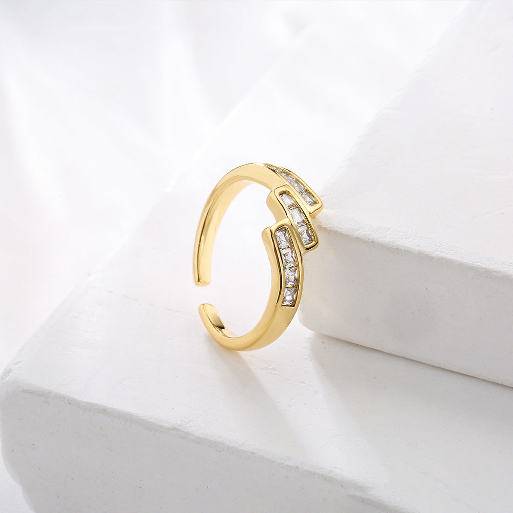 Geometric Open Ring for Women with Copper Base Plated in 18K Gold and Micro-Paved Zirconia