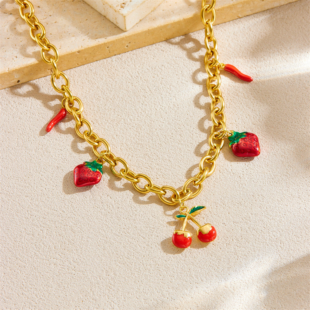 Minimalist Fruit-Shaped Stainless Steel Pendant Necklace with Enamel Finish and O-Chain for Women
