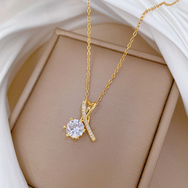 Geometric Cross Heart Zirconia Luxury Necklace for Women Stainless Steel Snake Chain with Moon Motif