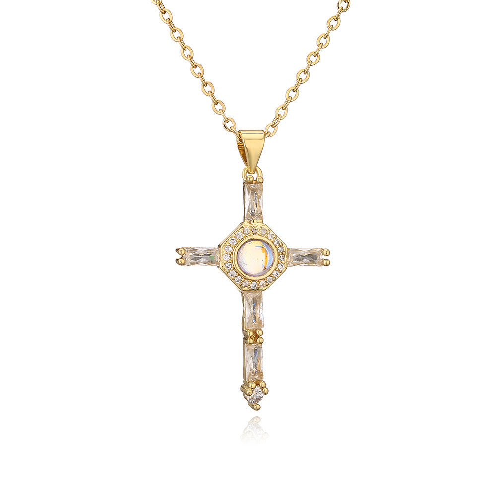 Collana con Ciondolo a Croce Minimalista da Donna in Rame con Placcatura in Oro 18K e Intarsio in Zirconi