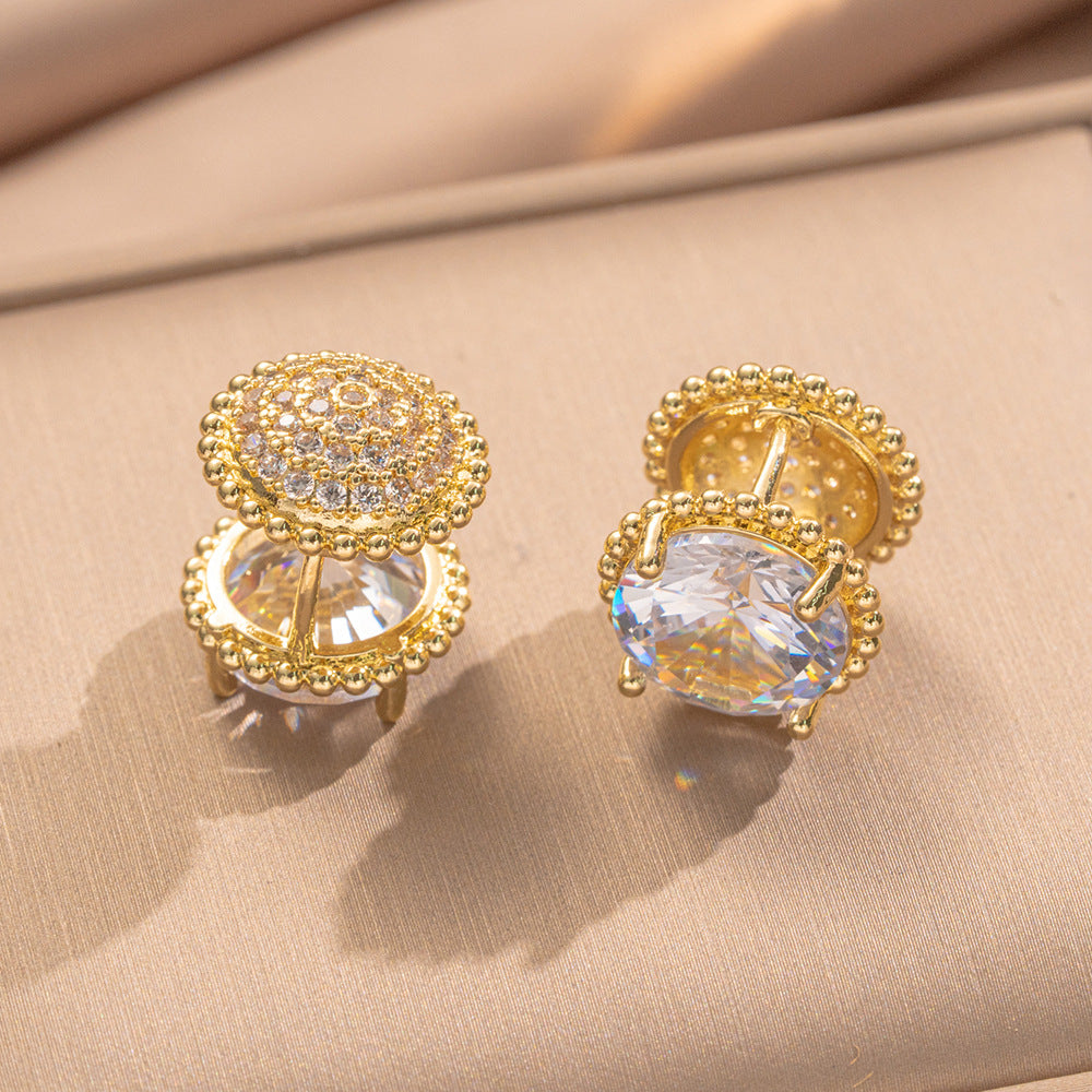 Eleganti Orecchini Geometrici Francesi Vintage con Zirconia in Ottone Placcato Oro 18K da Donna