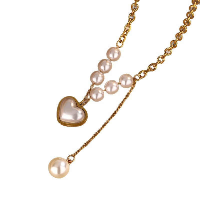 Luxury 18K Gold Plated Stainless Steel Heart Pendant Necklace and Bracelet Set with Resin Pearl for Women