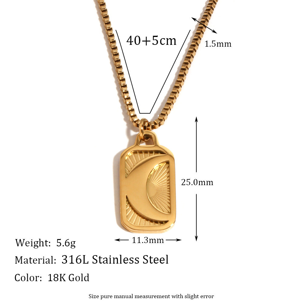 Minimalist Geometric Pendant Necklace for Women Stainless Steel with 18K Gold Plating and Engraved Moon Charm