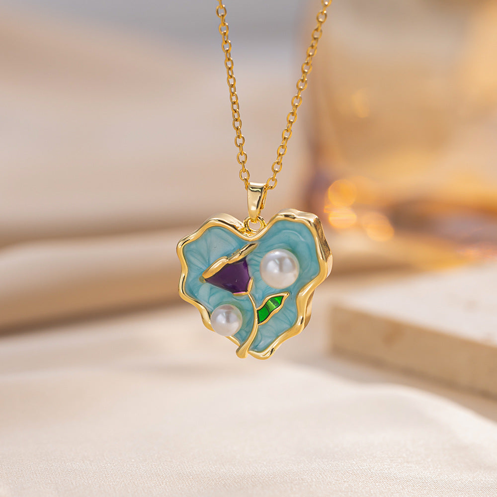 Baroque Style Leaf-Shaped Titanium Steel Necklace with Tulip Floral Motif, Vacuum-Plated for Hypoallergenic Wear, O-Chain Design