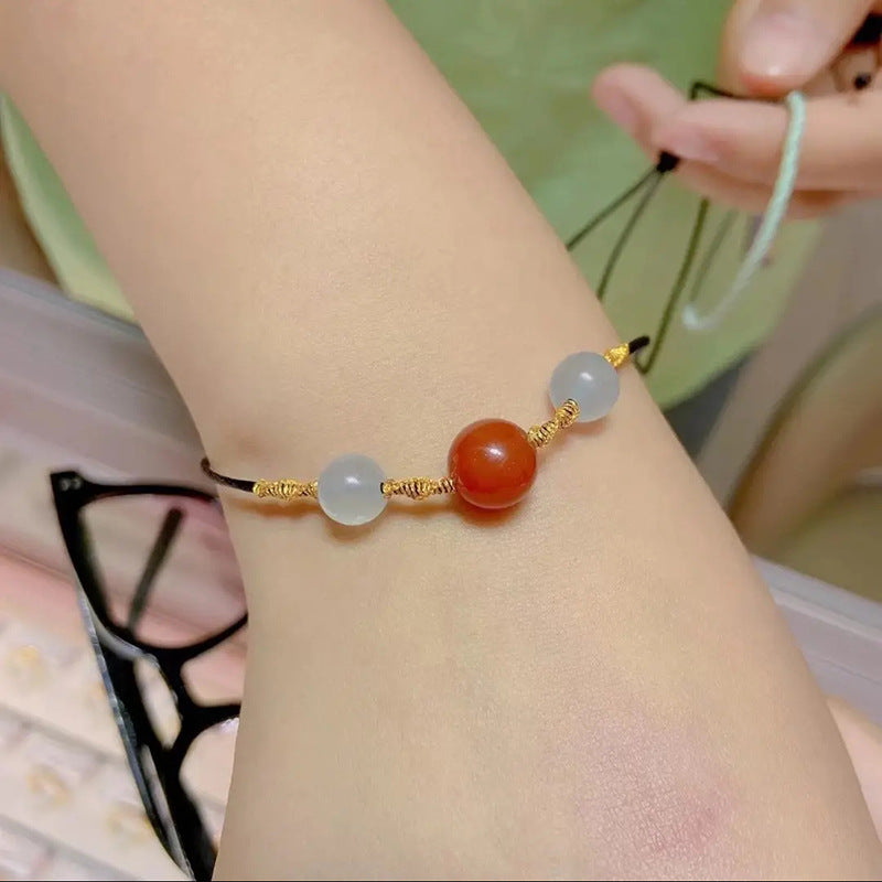 Collana da donna originale con design geometrico e agata, con perle di agata rossa, catena regolabile in corda, stile cinese, collana a clavicola