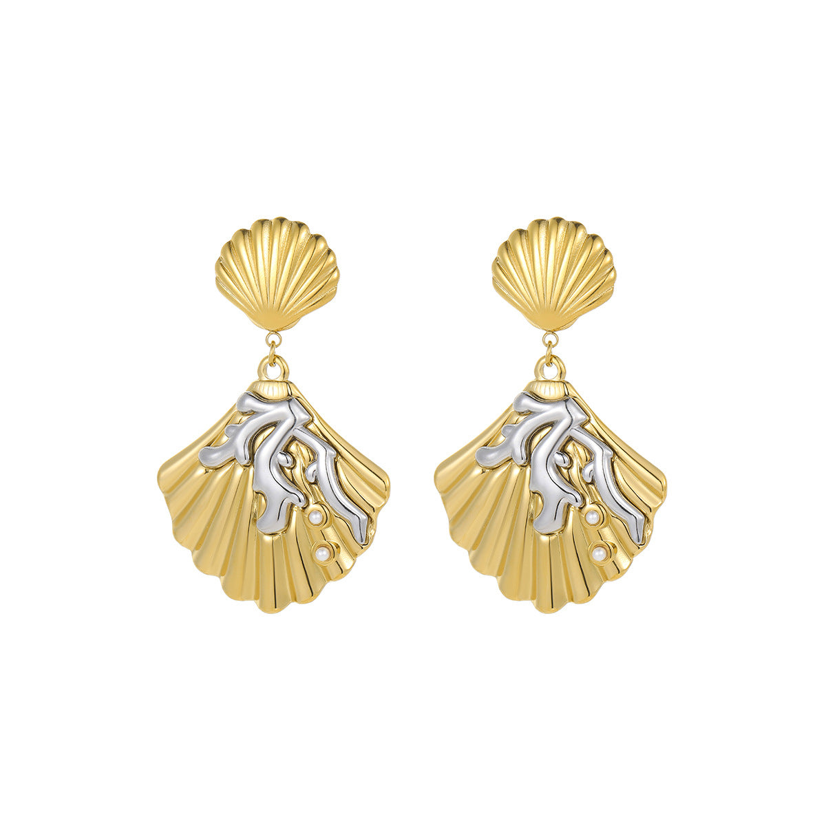 Elegantes pendientes de acero inoxidable con textura de coral y conchas marinas inspiradas en el océano, chapados en oro y plata para mujer