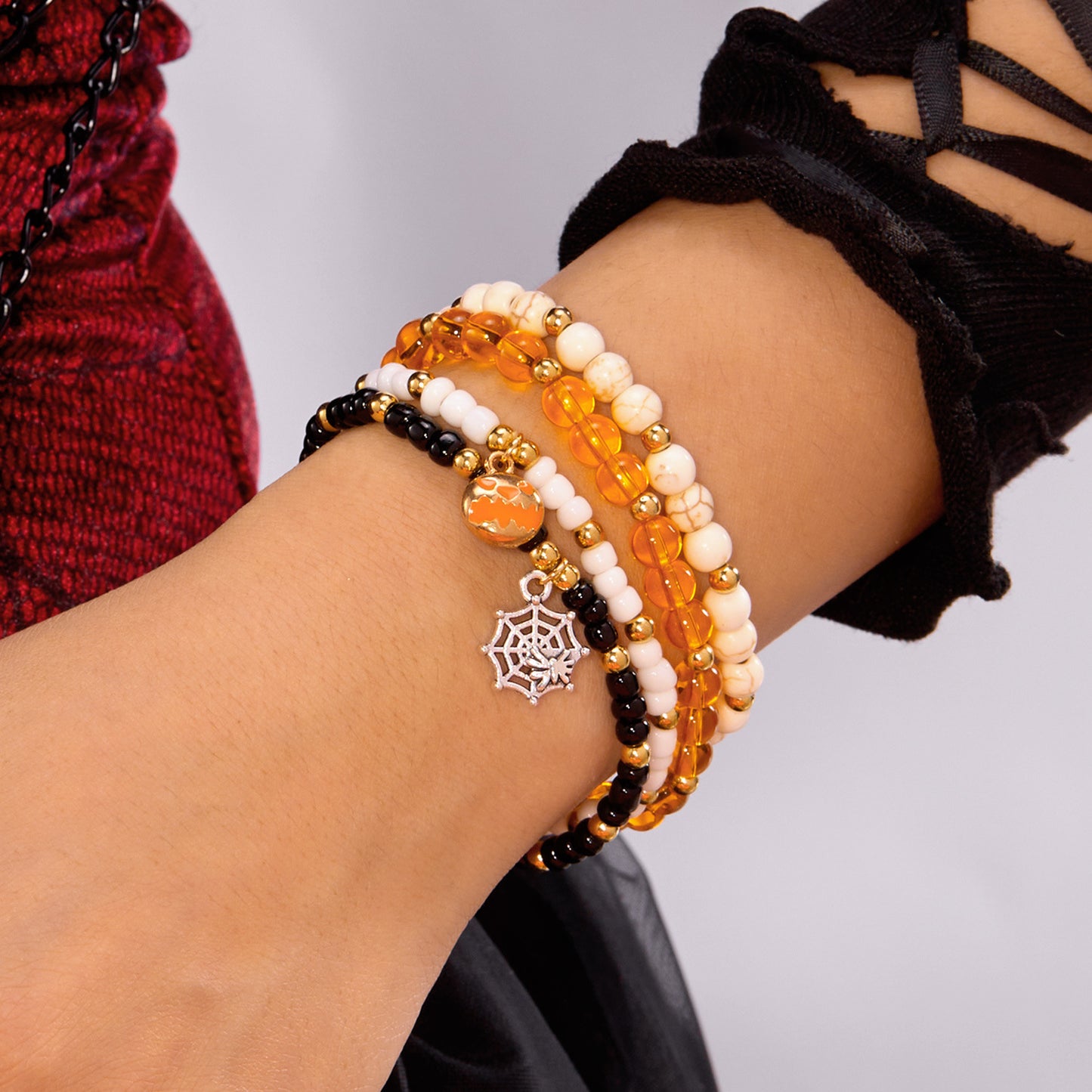 Pulsera con abalorios de araña y calabaza de Halloween gótica oscura para mujer, diseño geométrico de aleación, joyería hecha a mano