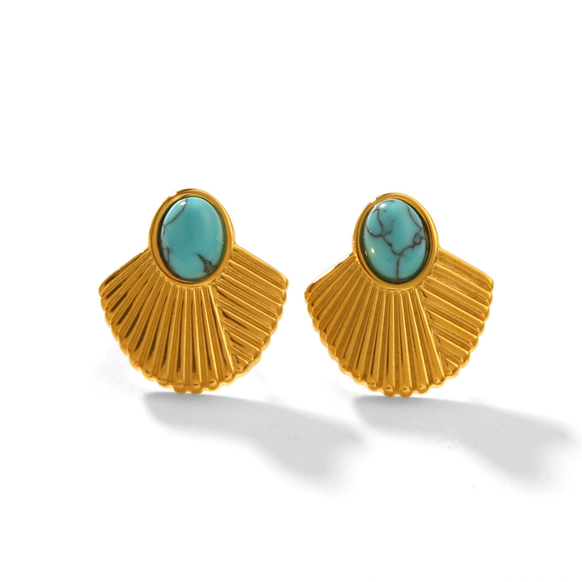 Vintage French Style 18K Gold Plated Titanium Steel Fan Shaped Geometric Earrings with Turquoise Inlay for Women