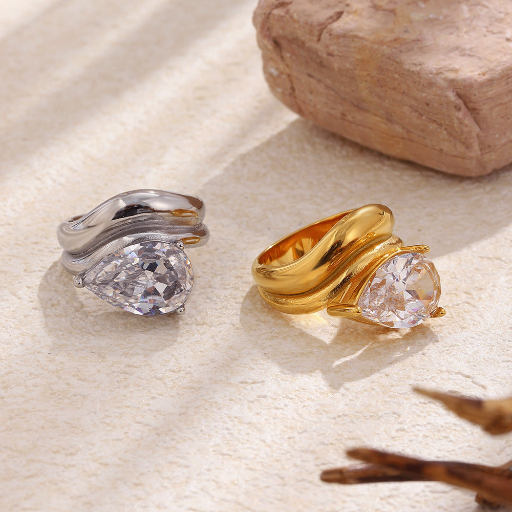 Minimalist Elegant 18K Gold Plated Stainless Steel Double Layer Teardrop Geometric Cubic Zirconia Ring for Women