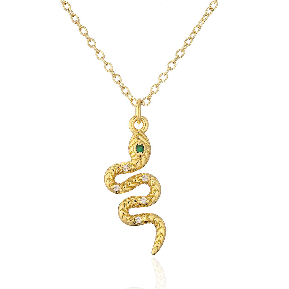 Minimalist Snake-Shaped Pendant Necklace for Women Made of Copper with 18K Gold Plating and Zircon Inlay