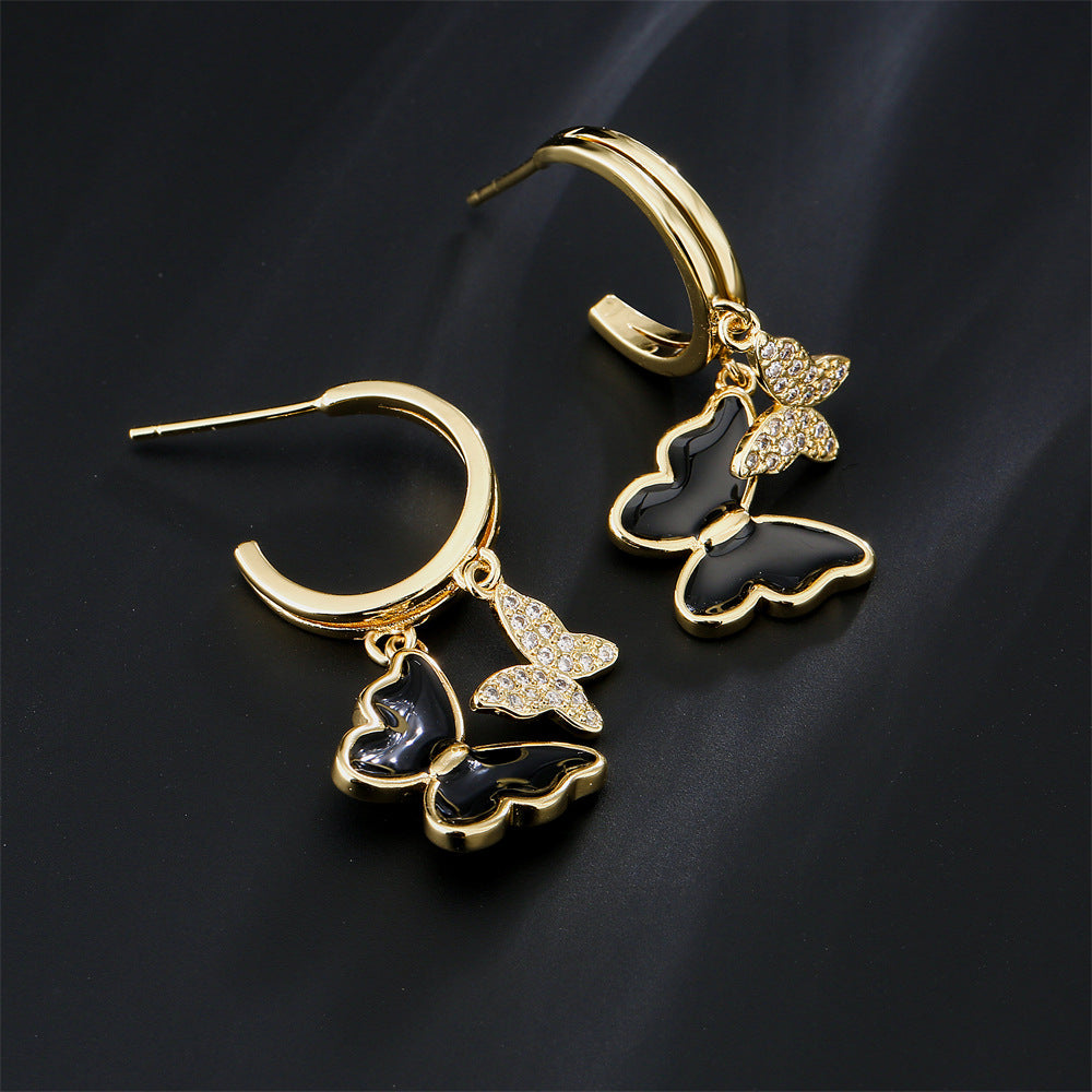 Minimalist Butterfly Earrings in Copper with 18K Gold Plating and Zircon Inlay