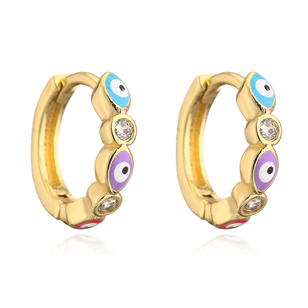 Orecchini a Cerchio Geometrici Minimalisti in Rame con Placcatura in Oro 18K e Design a Occhio di Allah in Zirconia Smaltata per Donna