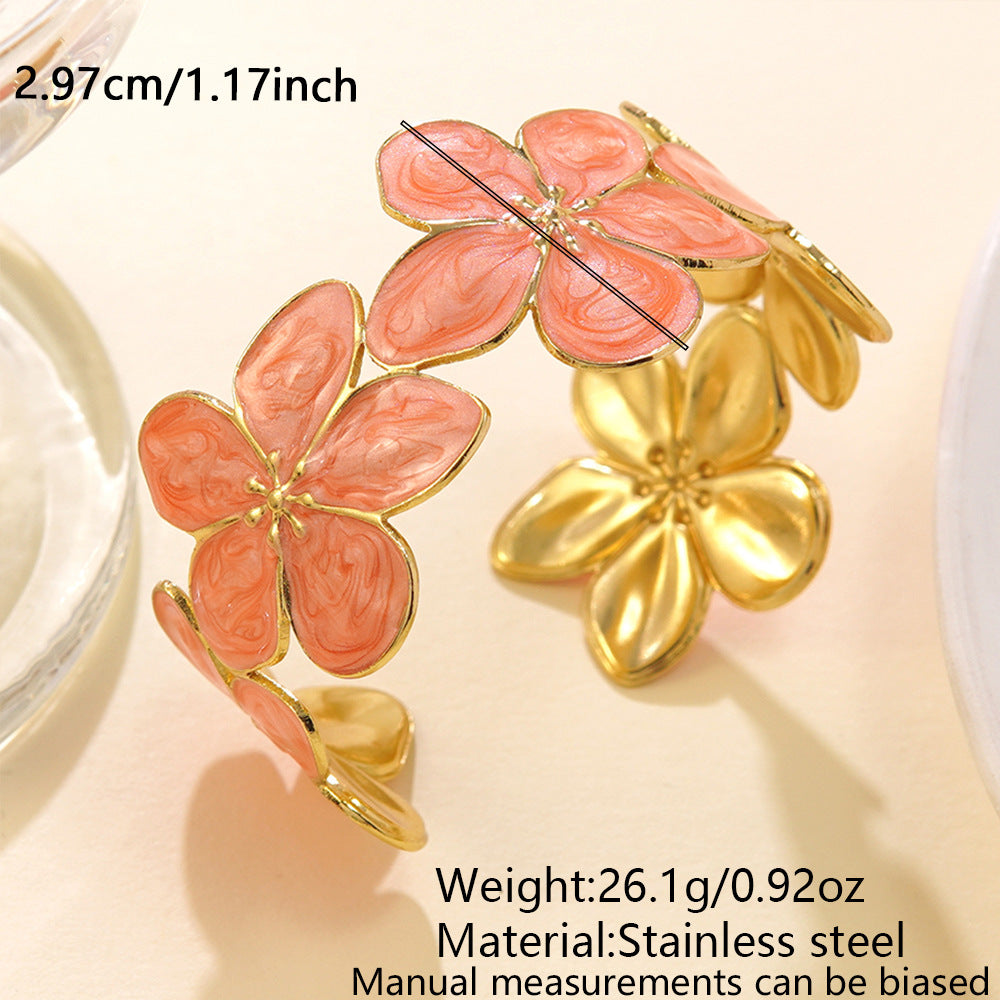 Geometric Floral Drip Oil Stainless Steel Open Cuff Bracelet for Women