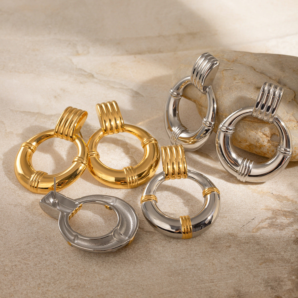 Geometric Round Plated Stainless Steel Earrings for Women