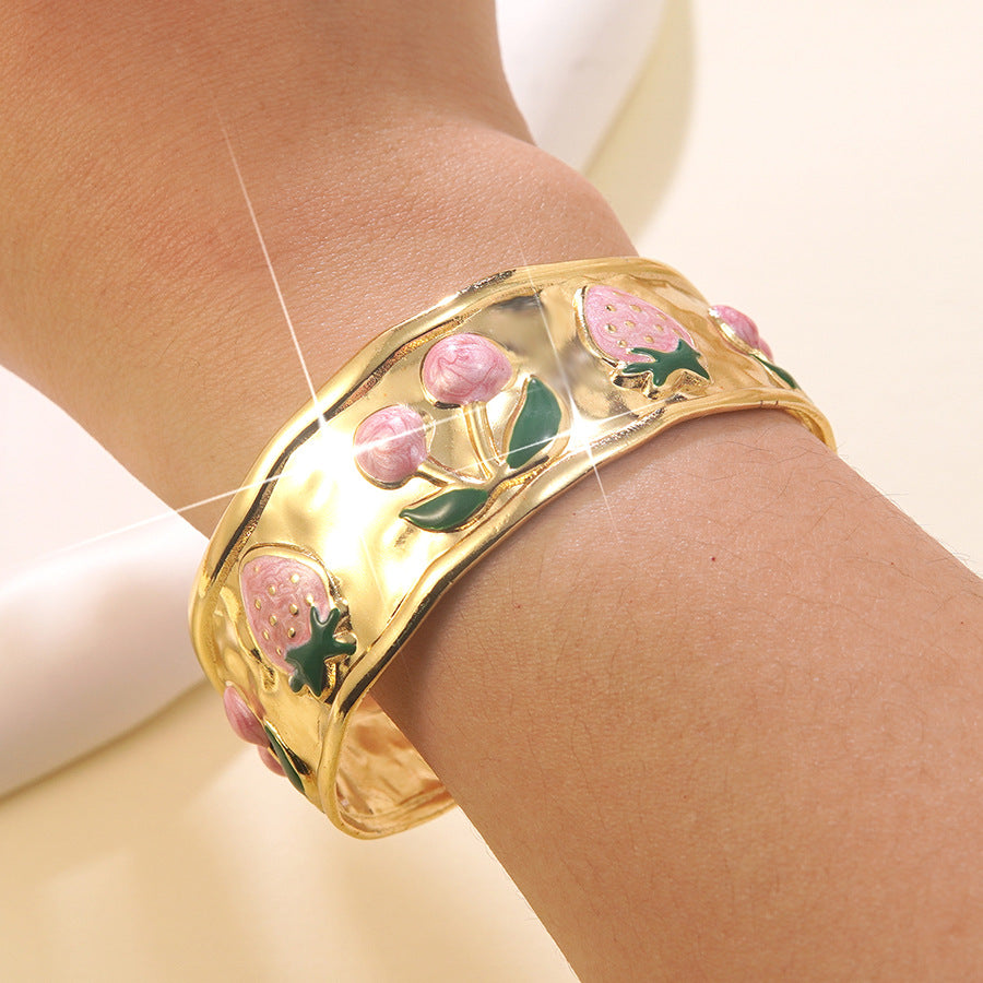 Drip Oil Stainless Steel Cherry Strawberry Open Cuff Bracelet