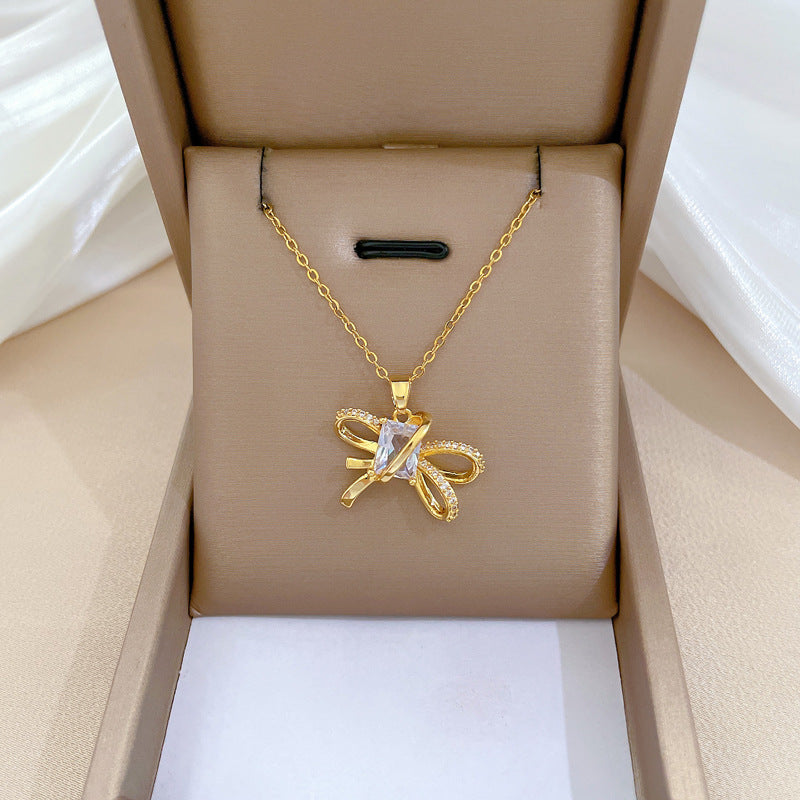 Collar de acero de titanio geométrico minimalista de lujo con incrustaciones de diamantes de imitación para mujer