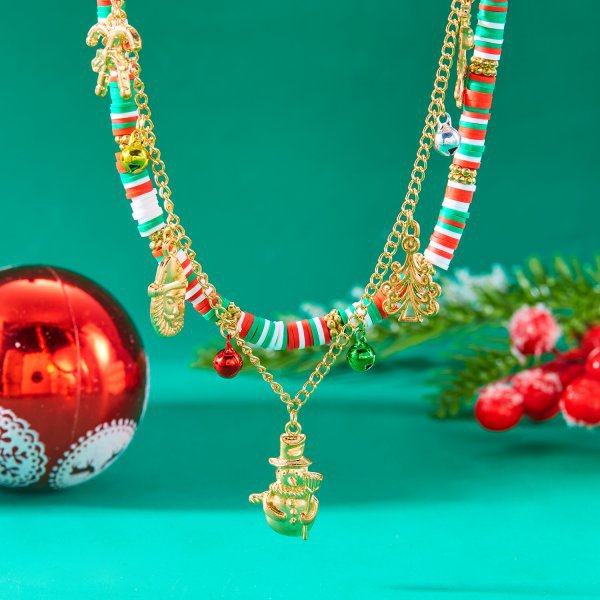 Collar de cuentas de arcilla polimérica con temática navideña con copo de nieve y colgante de Papá Noel de forma geométrica, gargantilla de cadena en O de aleación y electrochapada para mujer