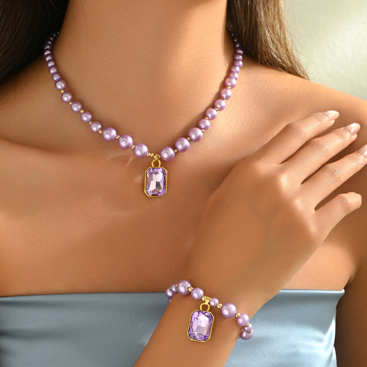 Fashionable Office Lady Geometric Pearl Pendant Clavicle Necklace Set with Mother-of-Pearl and Pearl Inlay on Pearl Chain for Women